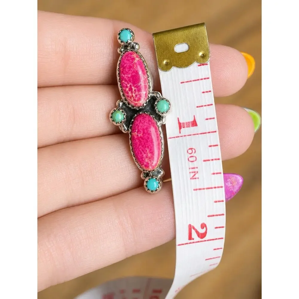 Sterling Silver Southwestern Turquoise & Pink Jasper Ring Adjustable 6.5-8.5